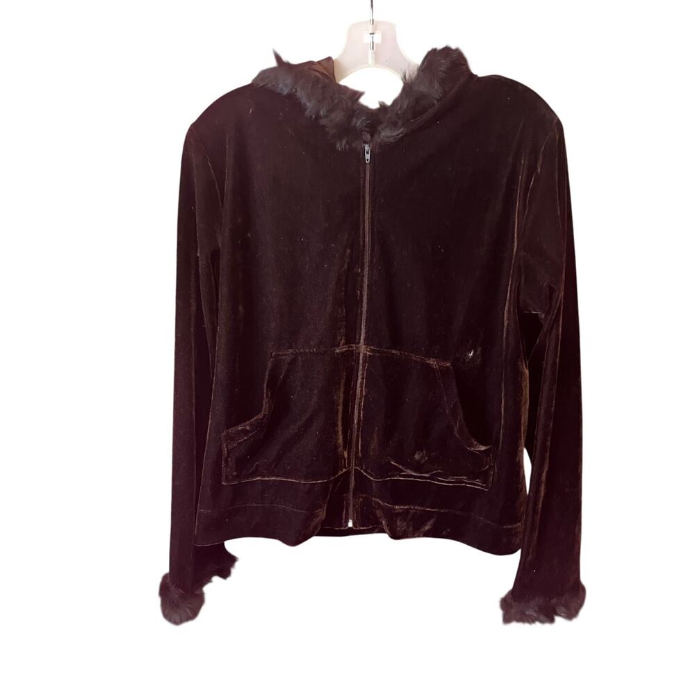 Jasmine Rose Faux Fur Velour Hoodie Y2K Blingcore Brown Zip Up Vintage Large